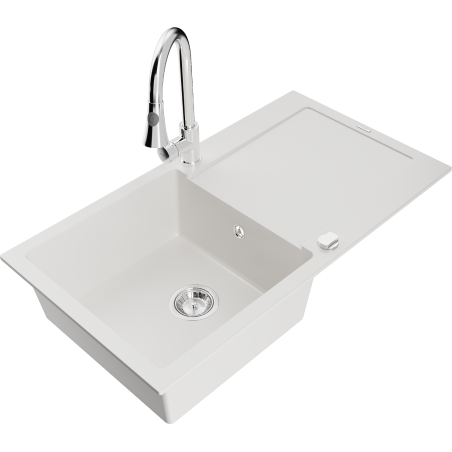 Mexen Leo fregadero de granito de 1 cubeta con escurridor y grifo de cocina Elia, blanco - 6501-20-670101-00