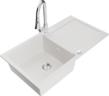 Mexen Leo 1-bowl granite sink with drainer and Elia kitchen faucet, white - 6501-20-670101-00