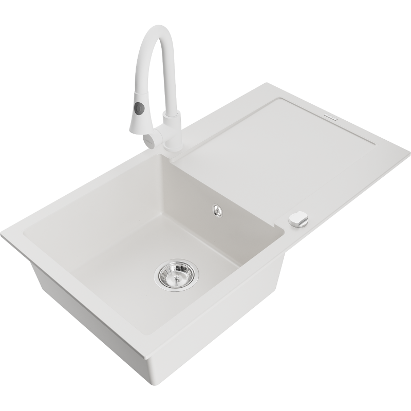 Mexen Leo 1-bowl granite sink with drainer and Elia kitchen tap, white - 6501-20-670101-20
