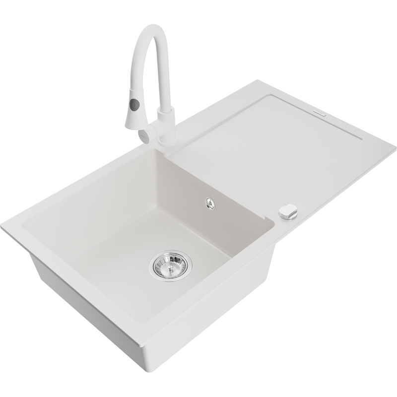 Mexen Leo lavello in granito 1-vasca con sgocciolatoio e rubinetto da cucina Elia, bianco - 6501-20-670101-20
