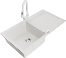 Mexen Leo 1-bowl granite sink with drainer and Elia kitchen tap, white - 6501-20-670101-20