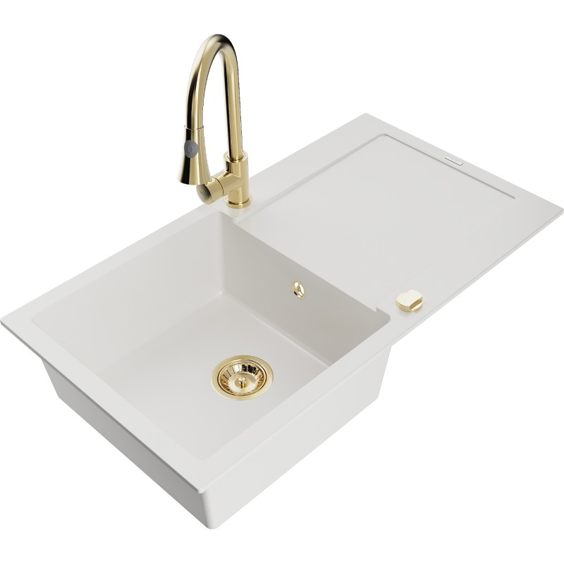Mexen Leo fregadero de granito de 1 seno con escurridor y grifo de cocina Elia, blanco - 6501-20-670101-50