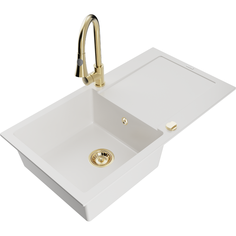 Mexen Leo lava-loiça de granito de 1 cuba com escorredor e torneira de cozinha Elia, branco - 6501-20-670101-50