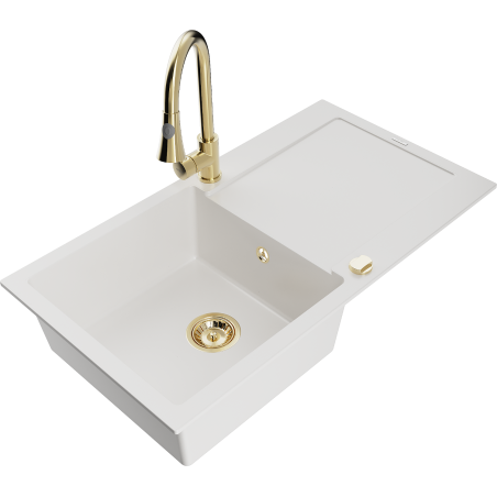 Mexen Leo fregadero de granito de 1 seno con escurridor y grifo de cocina Elia, blanco - 6501-20-670101-50