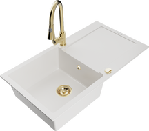 Mexen Leo 1-bowl granite sink with drainer and Elia kitchen tap, white - 6501-20-670101-50