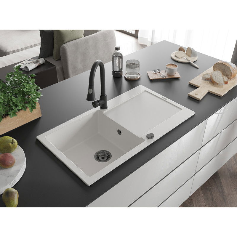 Mexen Leo granite sink 1-bowl with drainer and Elia kitchen tap, white - 6501-20-670101-70