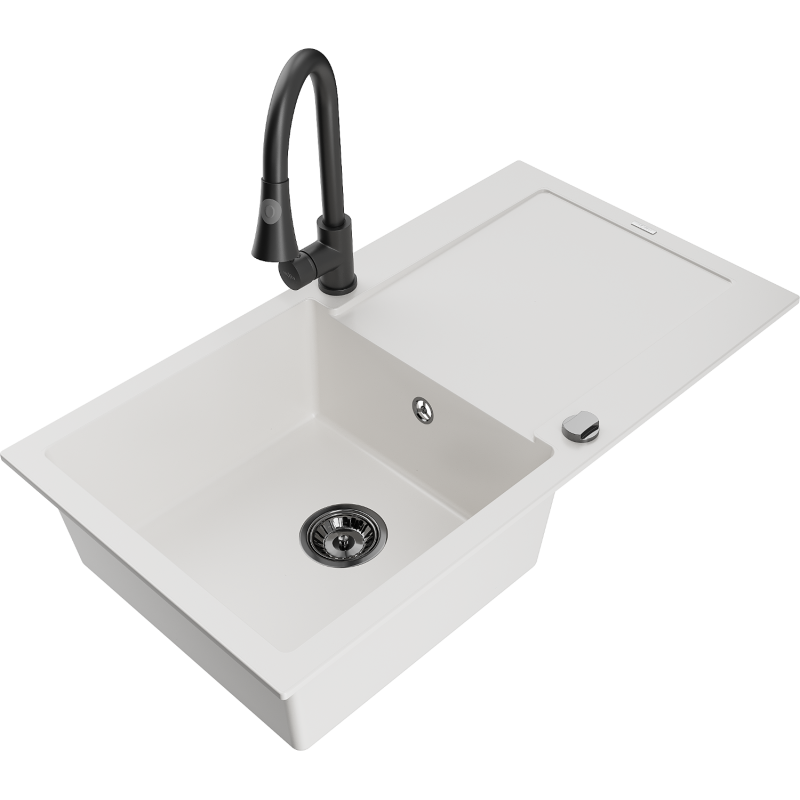 Mexen Leo graniittinen 1-allas pesuallas kuivausalueella ja keittiöhana Elia, valkoinen - 6501-20-670101-70