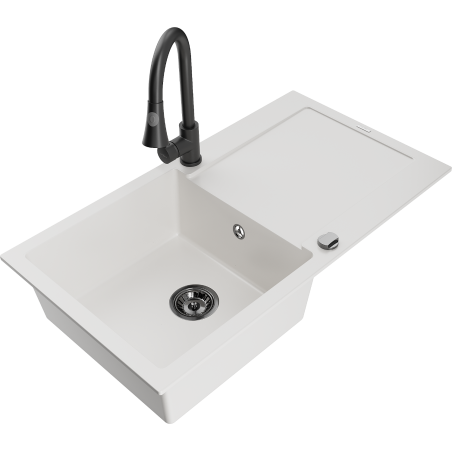 Mexen Leo 1-skålig diskho i granit med avrinning och köksblandare Elia, vit - 6501-20-670101-70