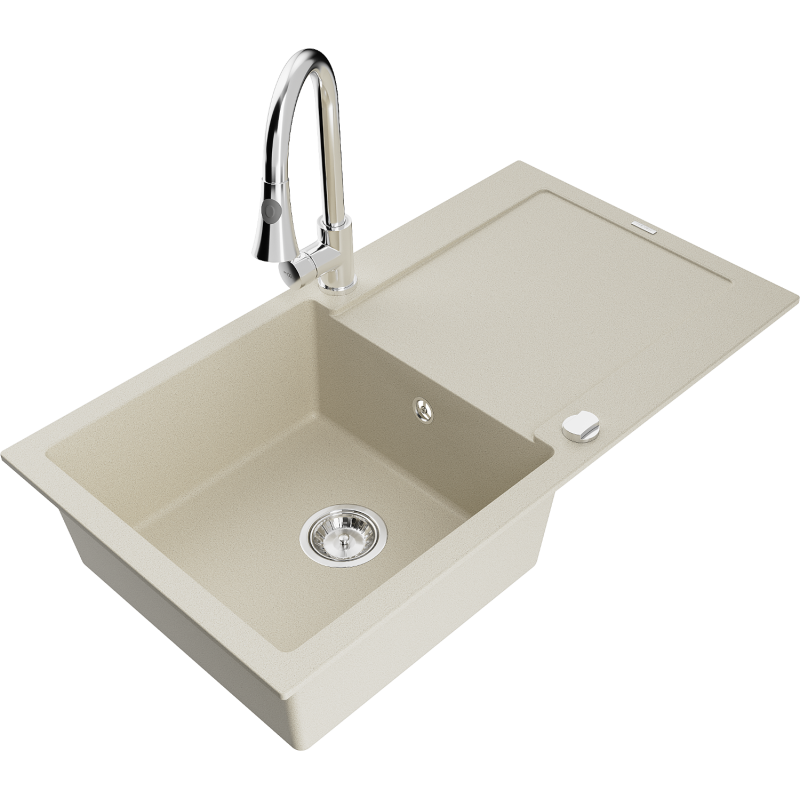 Mexen Leo fregadero de granito de 1 cubeta con escurridor y grifo de cocina Elia, beige - 6501-69-670101-00
