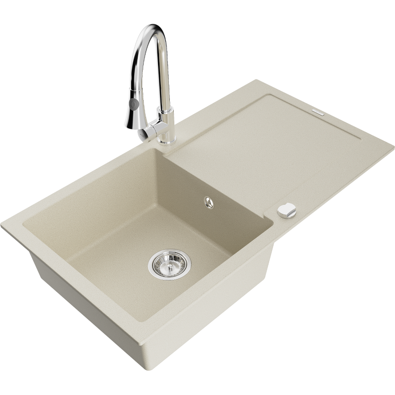 Mexen Leo lava-louça de granito 1-bacia com escorredor e torneira de cozinha Elia, bege - 6501-69-670101-00
