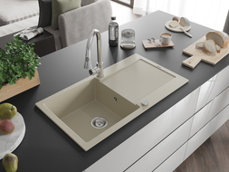 Mexen Leo Granitspüle 1-beckig mit Abtropffläche und Küchenarmatur Elia, beige - 6501-69-670101-00