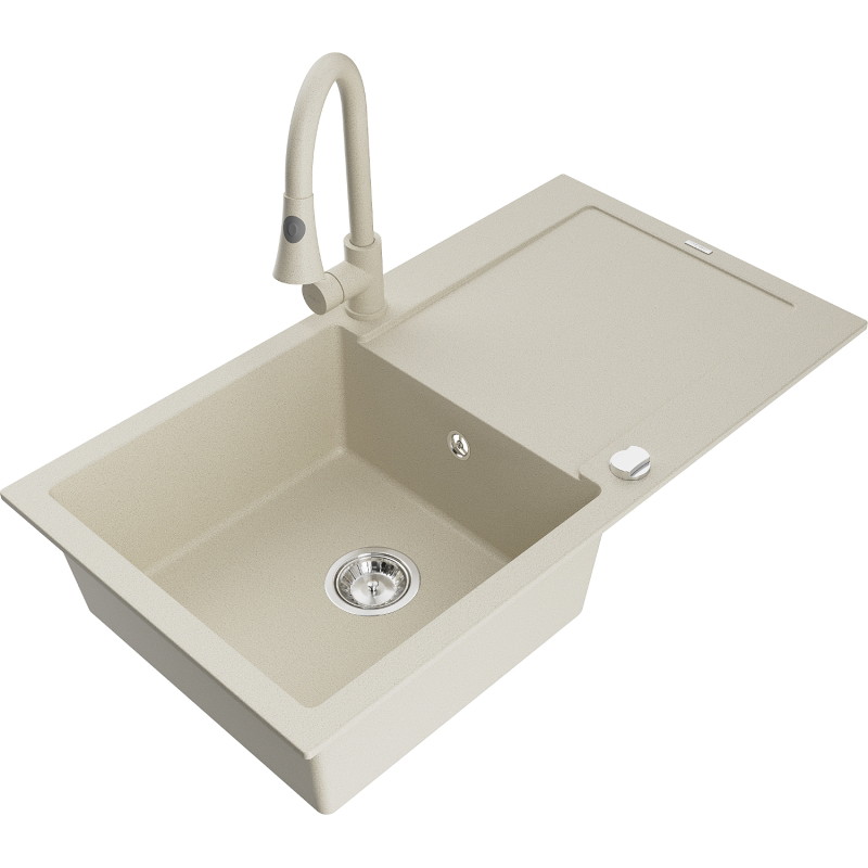 Mexen Leo granitische spoelbak met 1 bak en afdruiprek en keukenmengkraan Elia, beige - 6501-69-670101-69