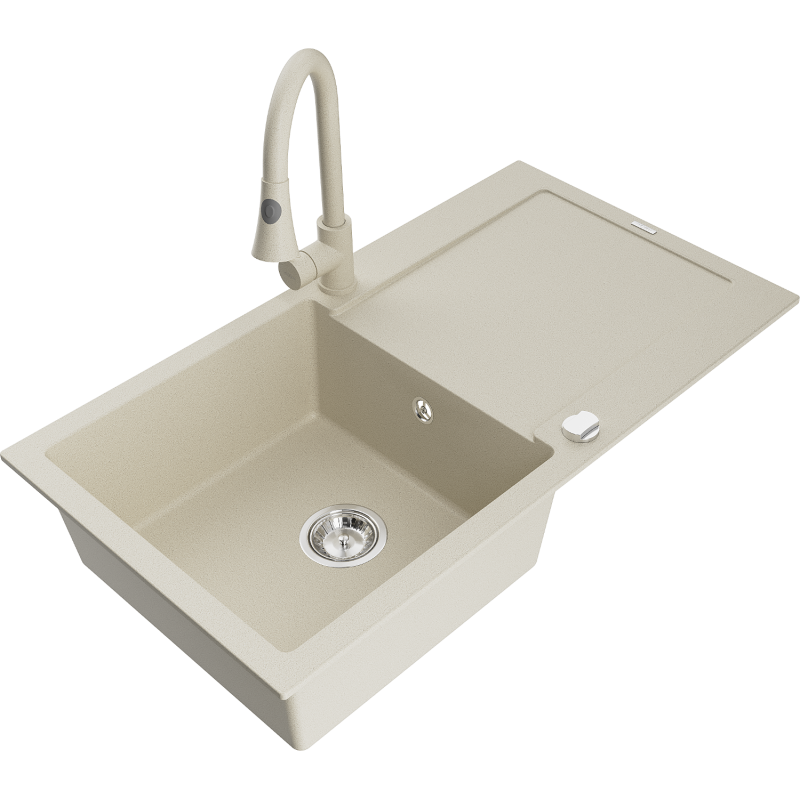 Mexen Leo lava-louça de granito de 1 cuba com escorredor e torneira de cozinha Elia, bege - 6501-69-670101-69