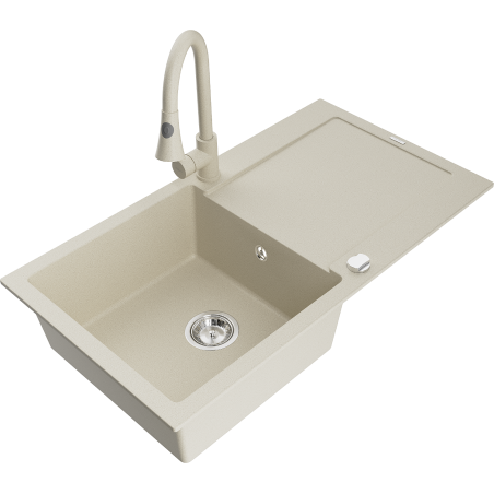 Mexen Leo évier en granit 1 bac avec égouttoir et robinet de cuisine Elia, beige - 6501-69-670101-69