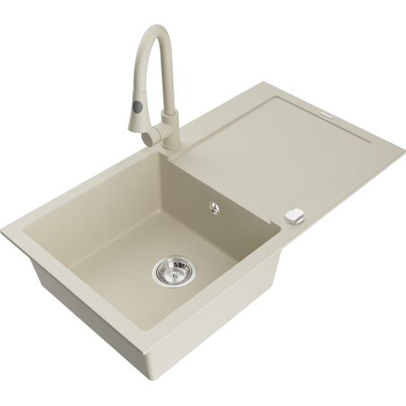 Mexen Leo granite kitchen sink 1-bowl with drainer and Elia kitchen tap, beige - 6501-69-670101-69
