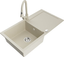 Mexen Leo Granitspüle 1-becken mit Abtropffläche und Küchenarmatur Elia, beige - 6501-69-670101-69