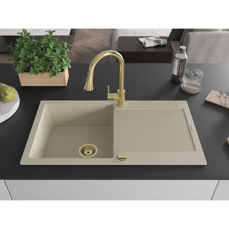 Mexen Leo lavello in granito monovasca con scolapiatti e rubinetto da cucina Elia, beige - 6501-69-670101-50