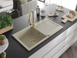 Mexen Leo granite sink with 1 bowl, drainer, and Elia kitchen tap, beige - 6501-69-670101-50