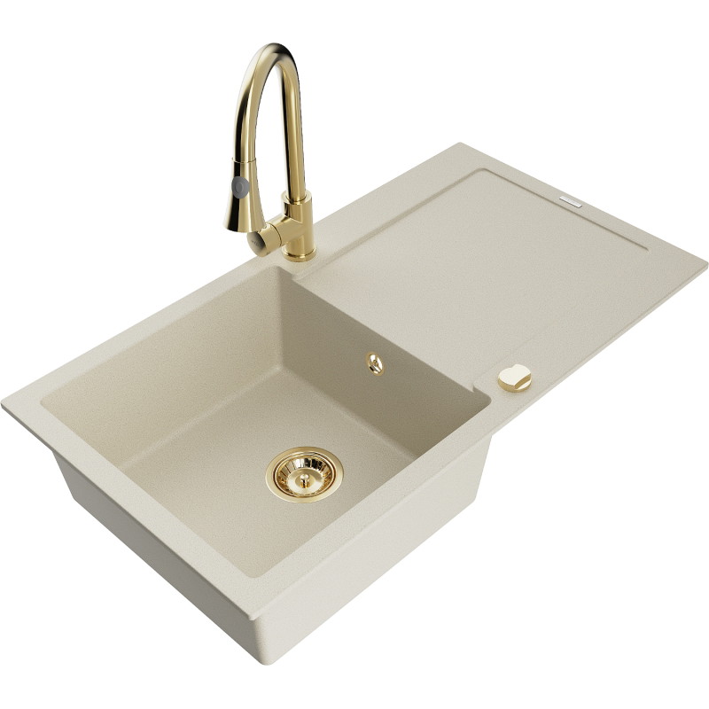 Mexen Leo granitische spoelbak 1-kompartment met afdruiprek en keukenmengkraan Elia, beige - 6501-69-670101-50