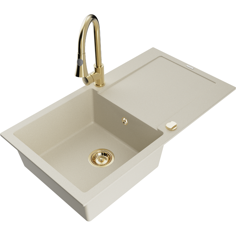 Mexen Leo lava-loiça de granito de 1 cuba com escorredor e torneira de cozinha Elia, bege - 6501-69-670101-50