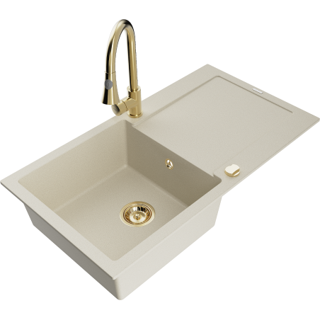 Mexen Leo granieten gootsteen 1-bak met afdruiprek en keukenmengkraan Elia, beige - 6501-69-670101-50