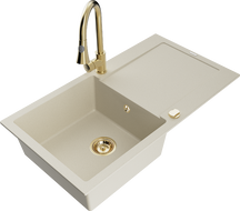 Mexen Leo lavello in granito monovasca con scolapiatti e rubinetto da cucina Elia, beige - 6501-69-670101-50