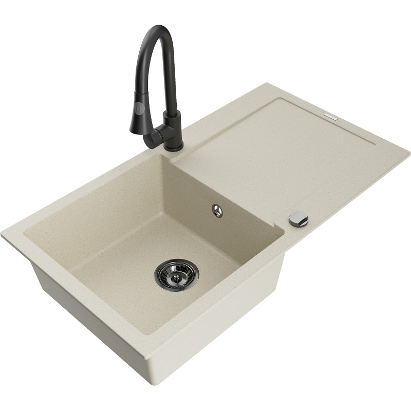 Mexen Leo fregadero de granito de 1 compartimento con escurridor y grifo de cocina Elia, beige - 6501-69-670101-70