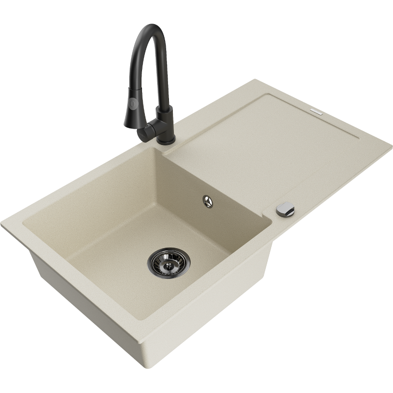 Mexen Leo Granitspüle 1-beckig mit Abtropffläche und Küchenarmatur Elia, beige - 6501-69-670101-70