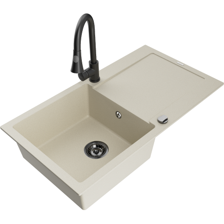 Mexen Leo Granitspüle 1-beckig mit Abtropffläche und Küchenarmatur Elia, beige - 6501-69-670101-70