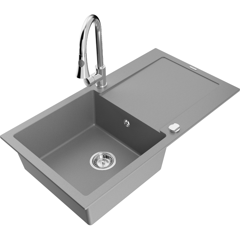 Mexen Leo fregadero de granito de 1 compartimento con escurridor y grifo de cocina Elia, gris - 6501-71-670101-00
