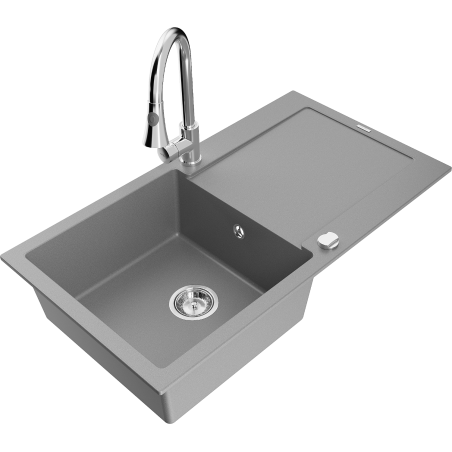 Mexen Leo 1-bowl granite sink with drainer and Elia kitchen tap, grey - 6501-71-670101-00