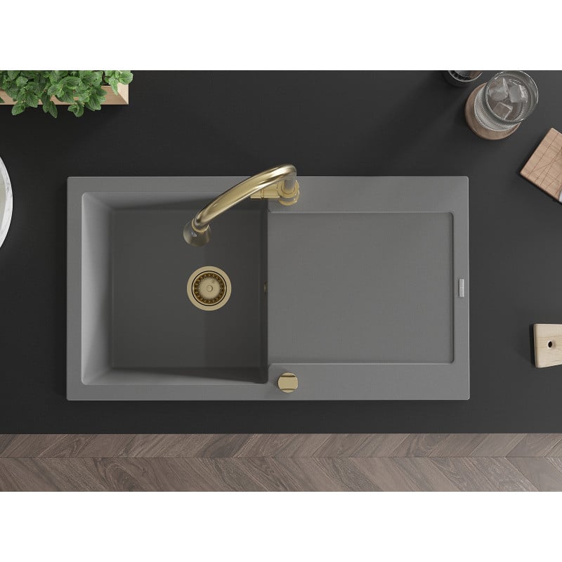 Mexen Leo lava-loiça de granito de 1 bacia com escorredor e torneira de cozinha Elia, cinza - 6501-71-670101-50