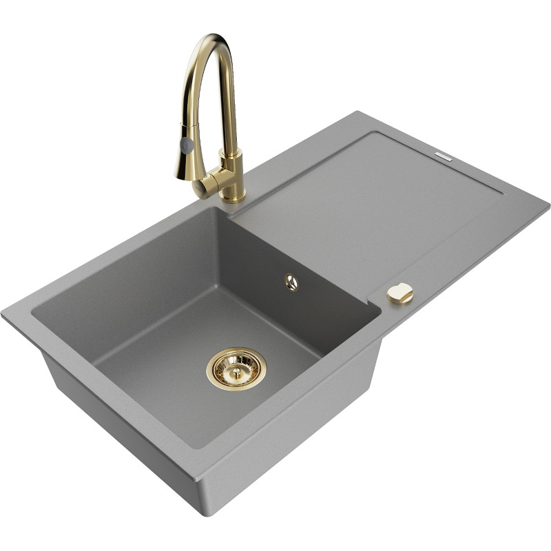 Mexen Leo fregadero de granito de 1 seno con escurridor y grifo de cocina Elia, gris - 6501-71-670101-50