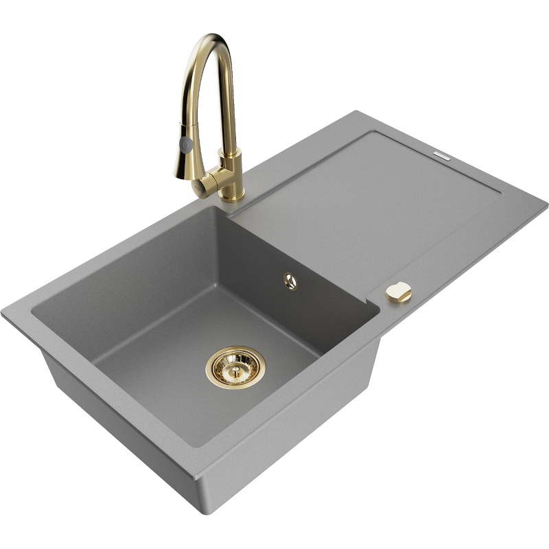Mexen Leo granieten spoelbak met 1 bak met afdruiprek en keukenmengkraan Elia, grijs - 6501-71-670101-50