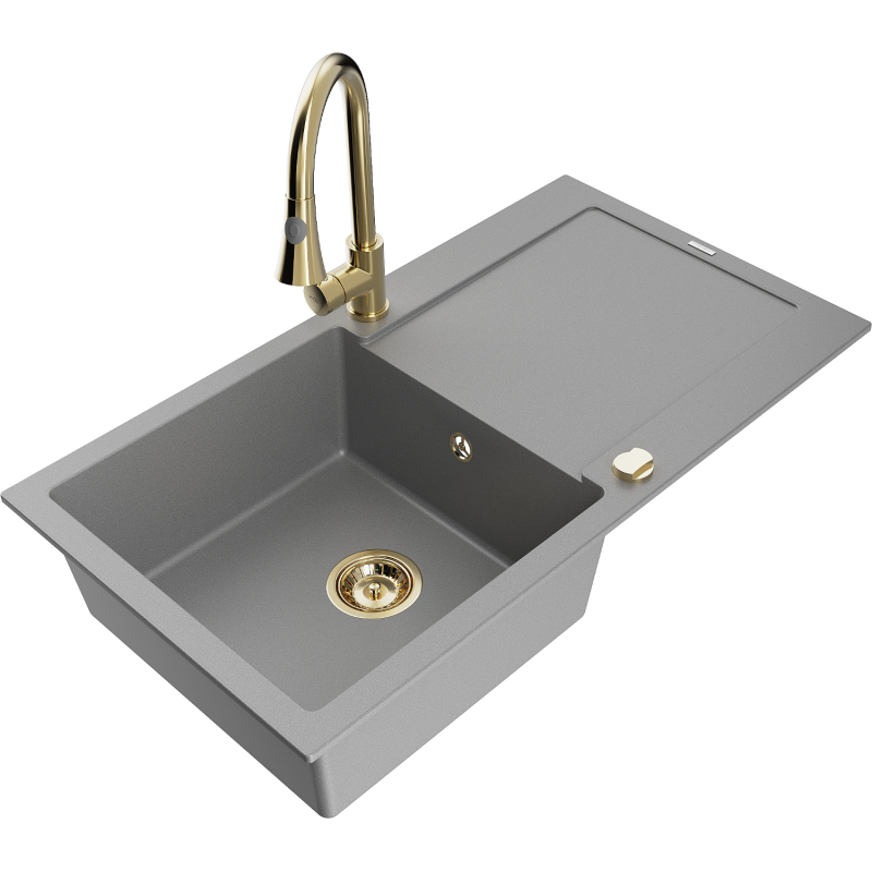 Mexen Leo lavello in granito 1-vasca con sgocciolatoio e rubinetto da cucina Elia, grigio - 6501-71-670101-50