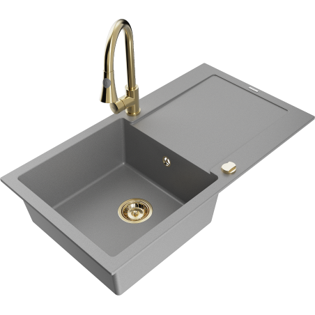 Mexen Leo granite sink 1-bowl with drainer and Elia kitchen tap, grey - 6501-71-670101-50