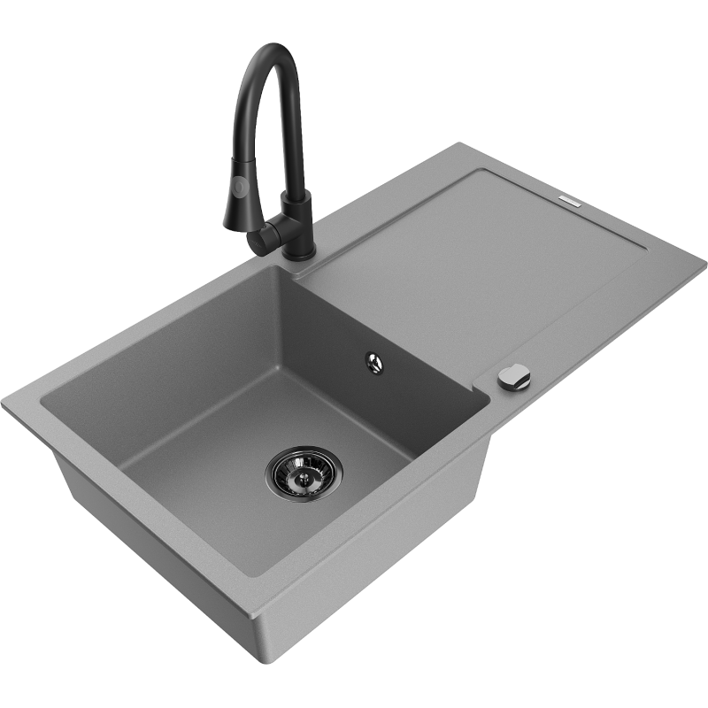 Mexen Leo granieten spoelbak 1-komers met afdruiprek en keukenkraan Elia, grijs - 6501-71-670101-70-B