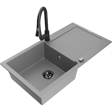 Mexen Leo lavello in granito 1-vasca con scolapiatti e miscelatore cucina Elia, grigio - 6501-71-670101-70-B