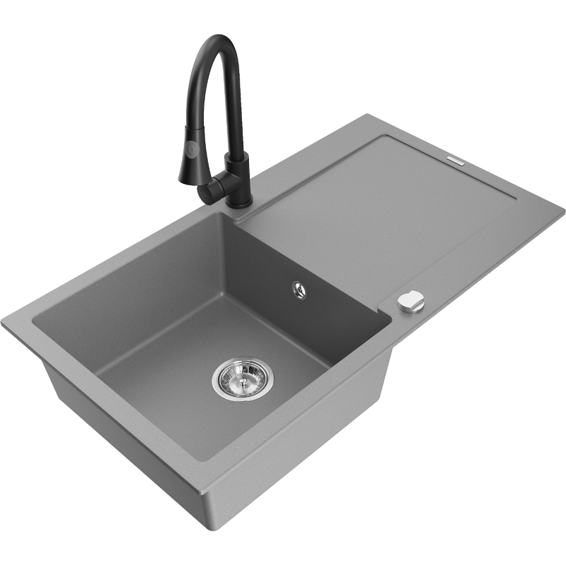 Mexen Leo fregadero de granito de 1 cuenco con escurridor y grifo de cocina Elia, gris - 6501-71-670101-70