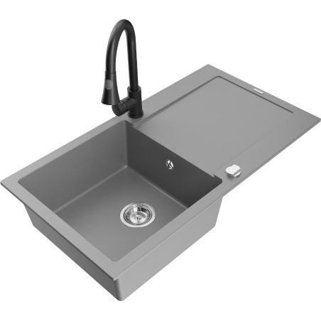 Mexen Leo granite sink 1-bowl with drainer and Elia kitchen tap, grey - 6501-71-670101-70
