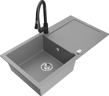 Mexen Leo granite sink 1-bowl with drainer and Elia kitchen tap, grey - 6501-71-670101-70