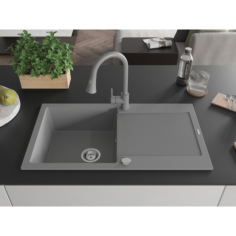 Mexen Leo fregadero de granito de 1 compartimento con escurridor y grifo de cocina Elia, gris - 6501-71-670101-71