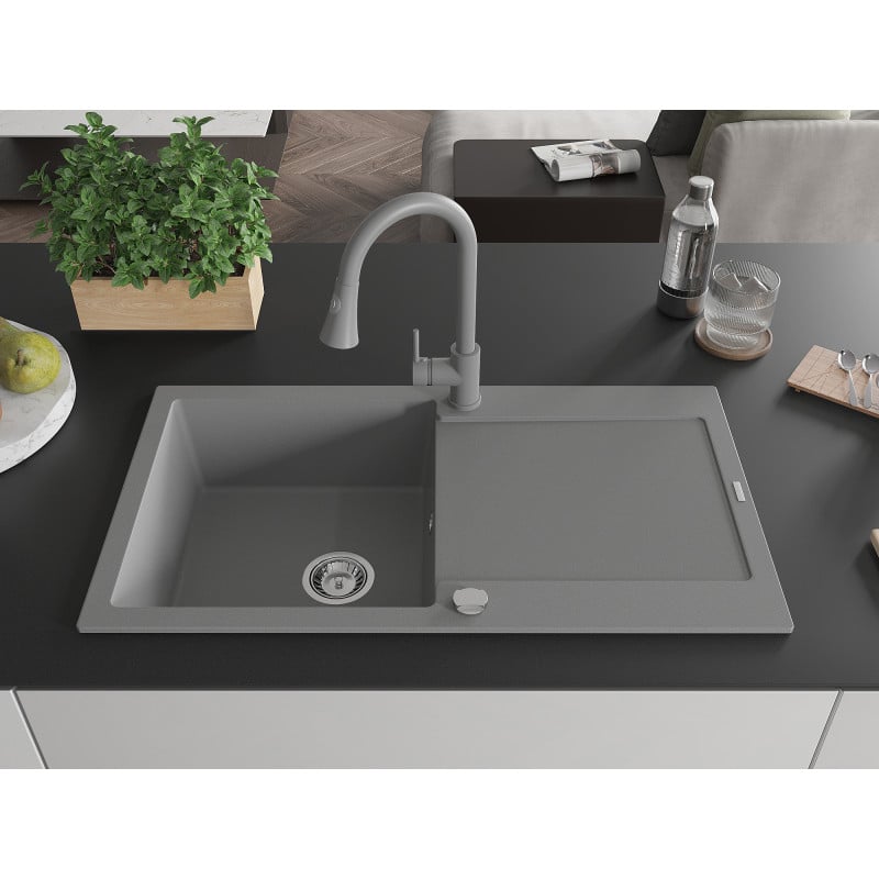 Mexen Leo lavello in granito a 1 vasca con sgocciolatoio e rubinetto da cucina Elia, grigio - 6501-71-670101-71