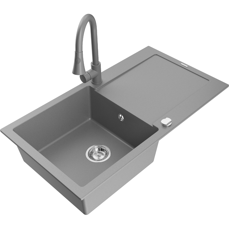 Mexen Leo 1-bowl granite sink with drainer and Elia kitchen tap, grey - 6501-71-670101-71