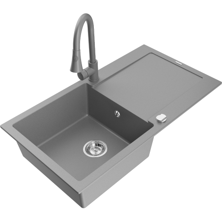 Mexen Leo 1-bowl granite sink with drainer and Elia kitchen tap, grey - 6501-71-670101-71