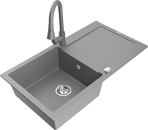 Mexen Leo 1-bowl granite sink with drainer and Elia kitchen tap, grey - 6501-71-670101-71