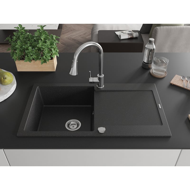 Mexen Leo 1-bowl granite kitchen sink with drainer and Elia kitchen faucet, black/silver metallic - 6501-73-670101-00
