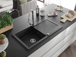 Mexen Leo Granitspüle 1-Becken mit Abtropffläche und Küchenarmatur Elia, schwarz/silber metallic - 6501-73-670101-00