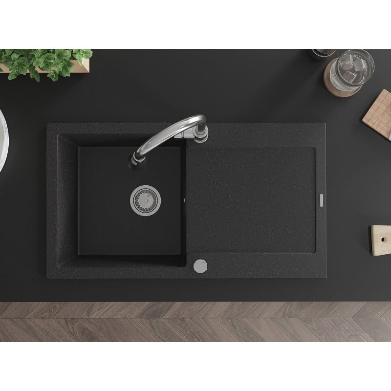 Mexen Leo fregadero de granito de 1 cubeta con escurridor y grifo de cocina Elia, negro/plata metálica - 6501-73-670101-00