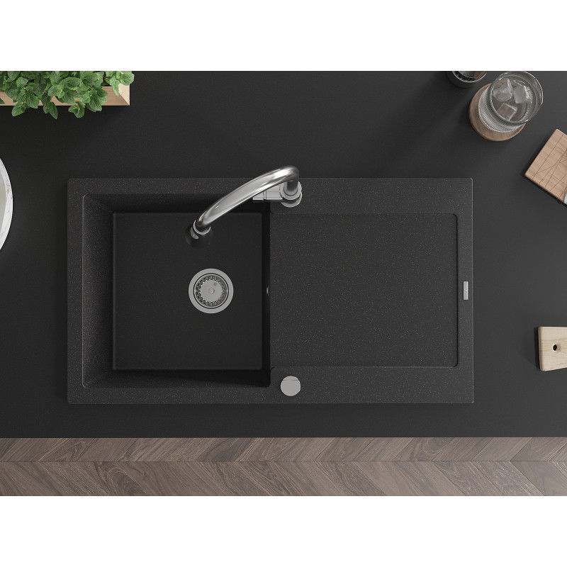 Mexen Leo Granitspüle 1-Becken mit Abtropffläche und Küchenarmatur Elia, schwarz/silber metallic - 6501-73-670101-00